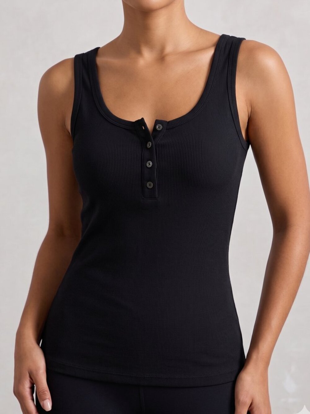 NWT | Shetells Black Ribbed Henley Button Scoop Neck Tank Top Soft | Small